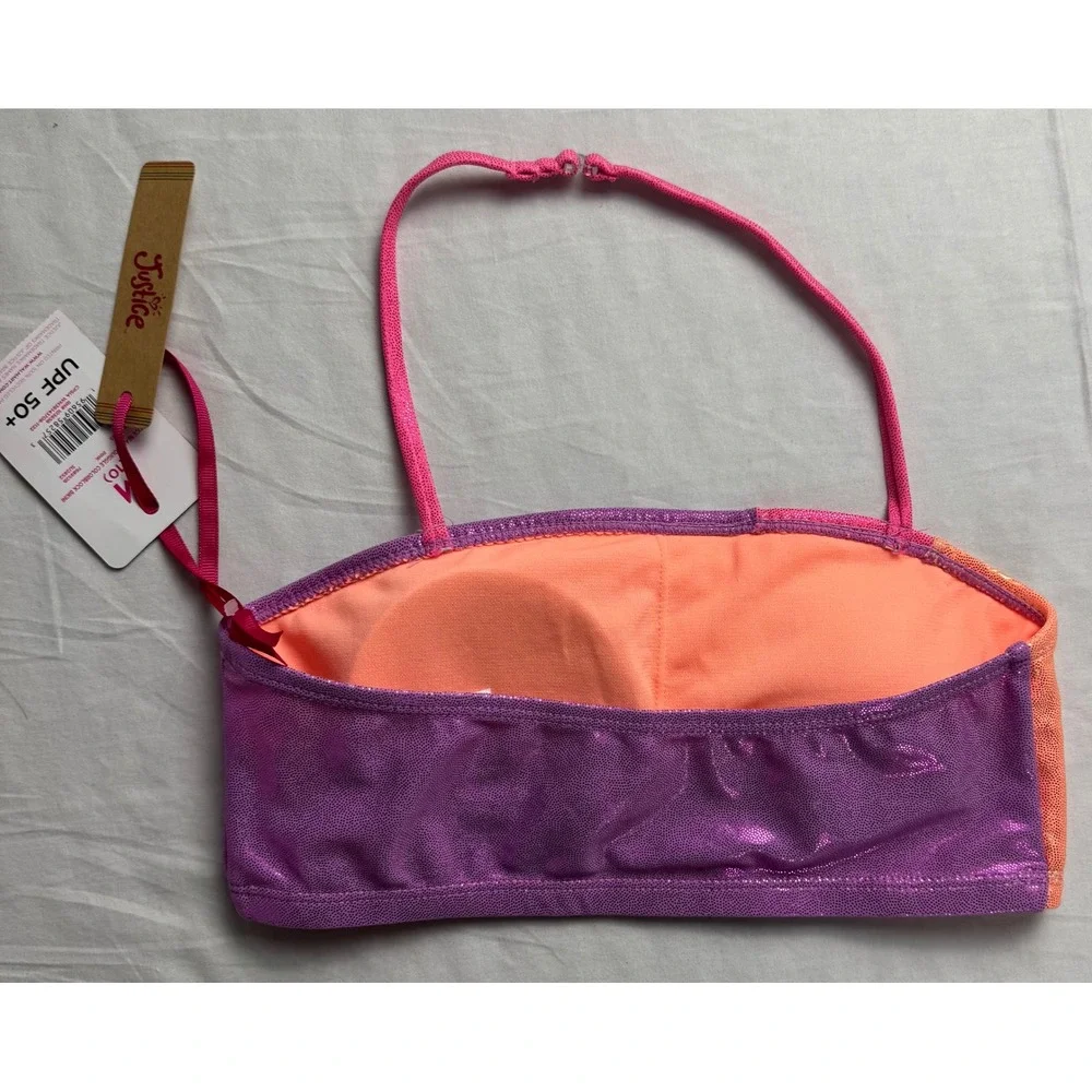 Justice Girls Pink Squiggle Colorblock Bikini Top Metallic Shimmer Size M 10 NEW